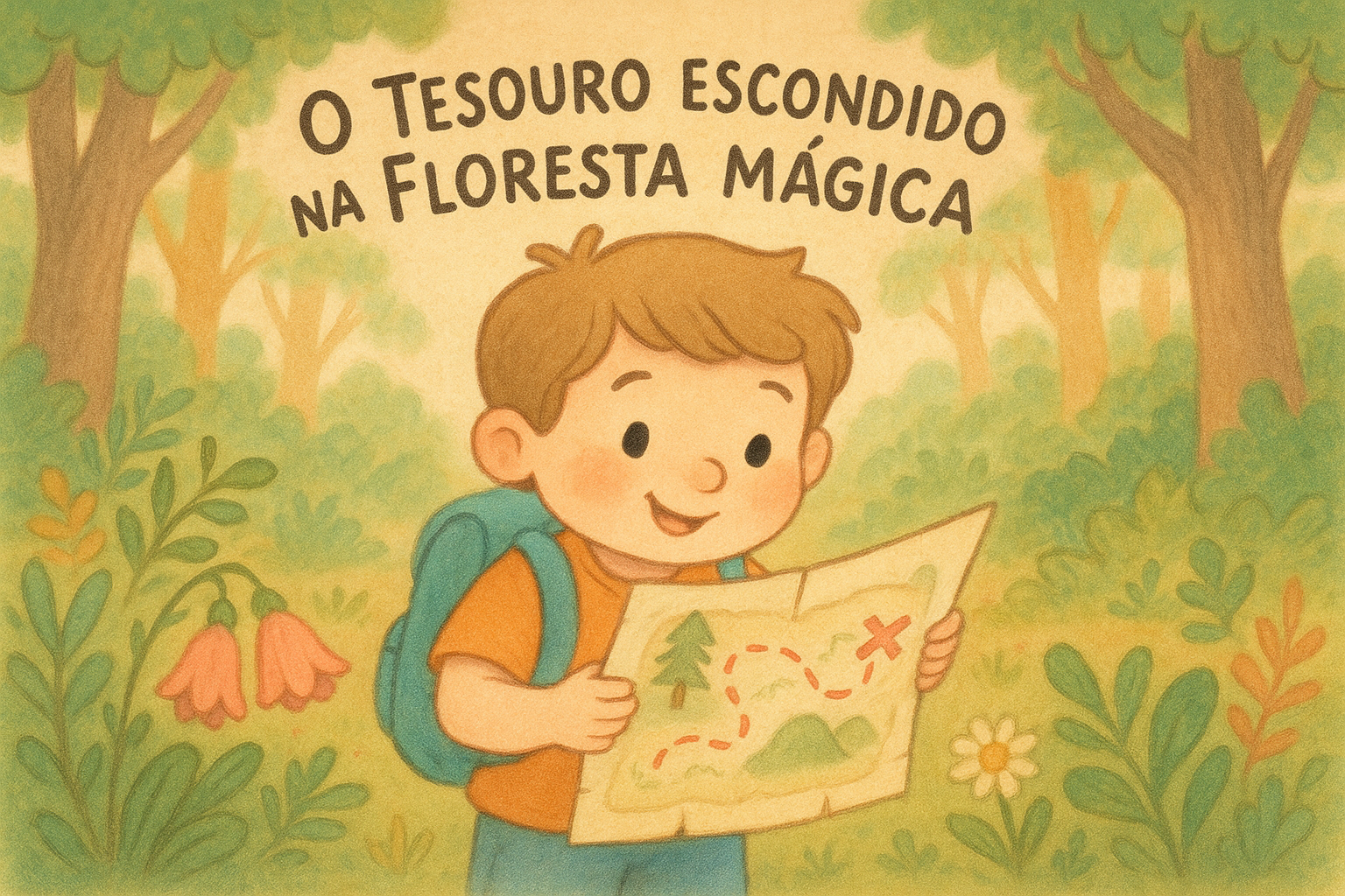 imagem_principal_historia_leo Ilustração de um menino aventureiro, o Leo, a olhar para um mapa do tesouro numa floresta mágica, com árvores altas e flores coloridas. O ambiente é terno e sonhador.